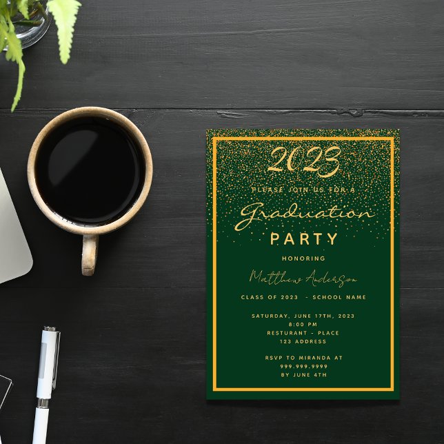 Graduation party green gold confetti 2025 invitation postcard (Creator Uploaded)