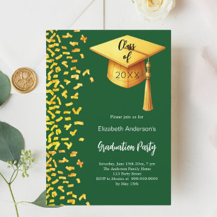 Graduation party green gold confetti invitation