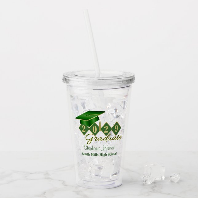 Graduation Party Green Gold Personalised Acrylic Tumbler (Front Ice)