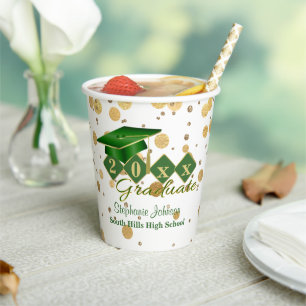 Graduation Party Green Gold Personalised Paper Cups