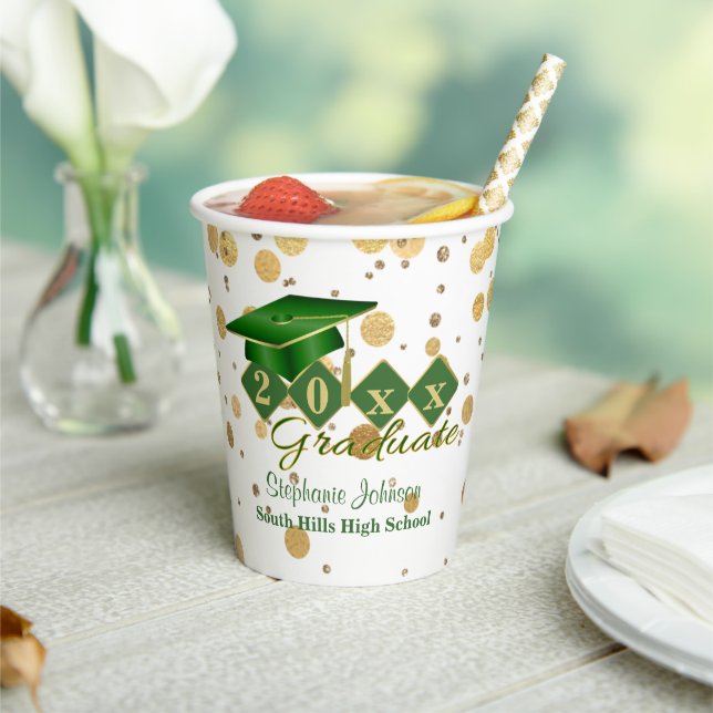 Graduation Party Green Gold Personalised Paper Cups (Insitu)