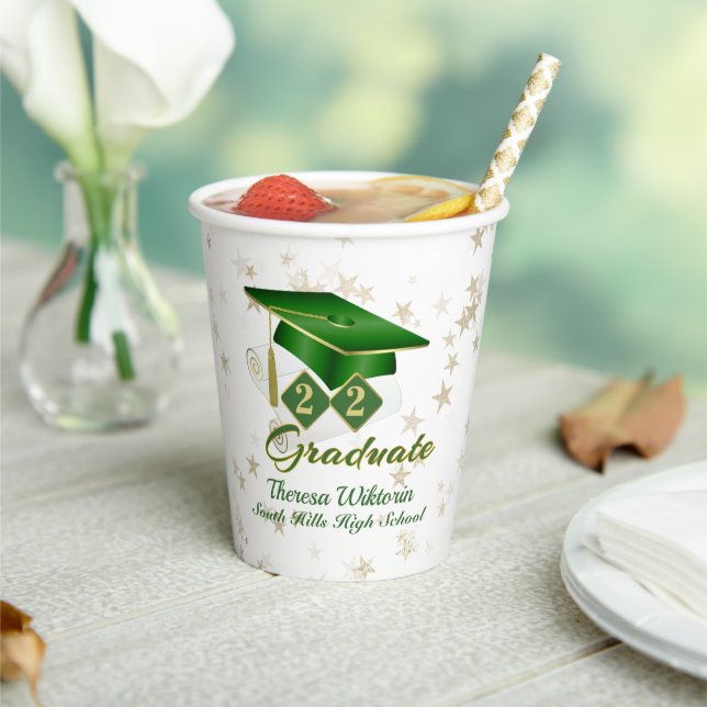 Graduation Party Green & Gold Stars Paper Cup (Insitu)