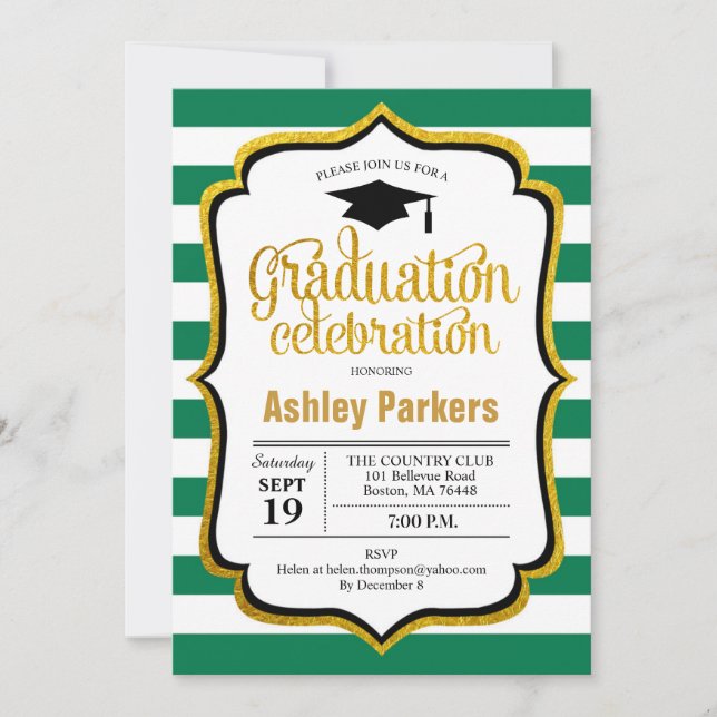 Graduation Party - Green White Gold Invitation (Front)