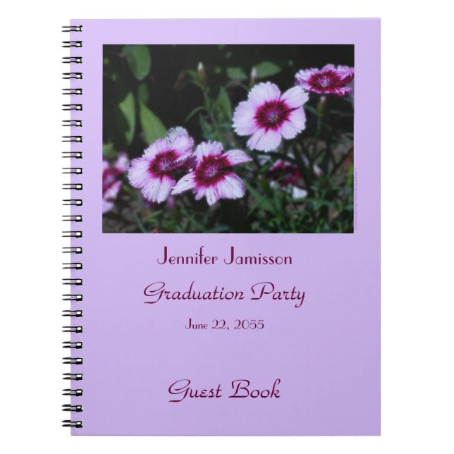 Graduation Party Guest Book, Purple Flowers spiral Notebook (Front)