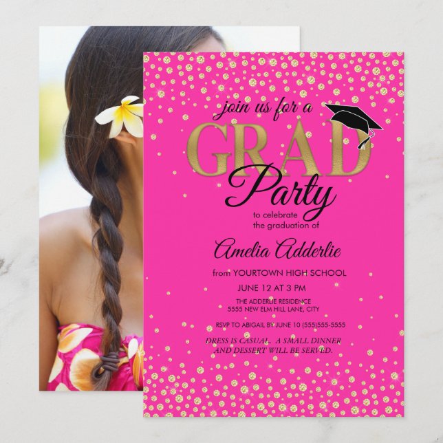Graduation Party Hot Pink Black Gold Glitter Photo Invitation (Front/Back)