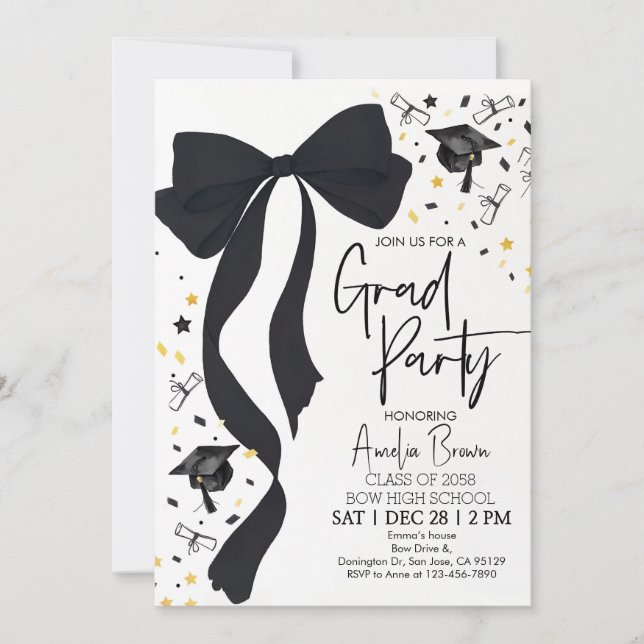 Graduation Party Invitation Coquette Black Bow Gra (Front)