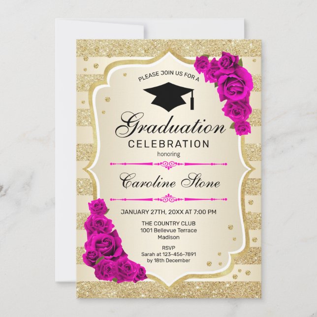 Graduation Party Invitation - Gold Hot Pink (Front)