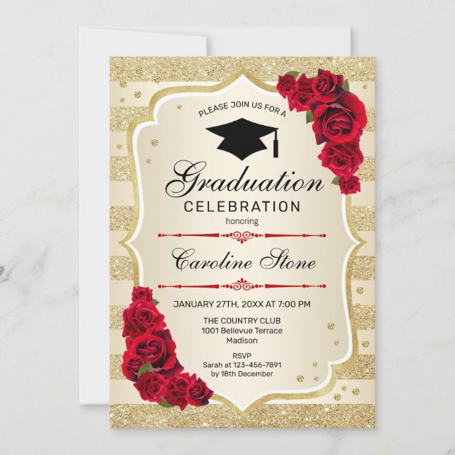 Graduation Party Invitation - Gold Red (Front)