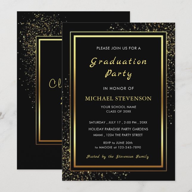 Graduation Party Invitation - Modern Black Gold (Front/Back)