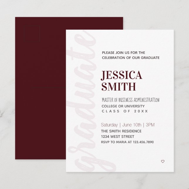 Graduation Party Invitation Modern Simple Red Postcard (Front/Back)