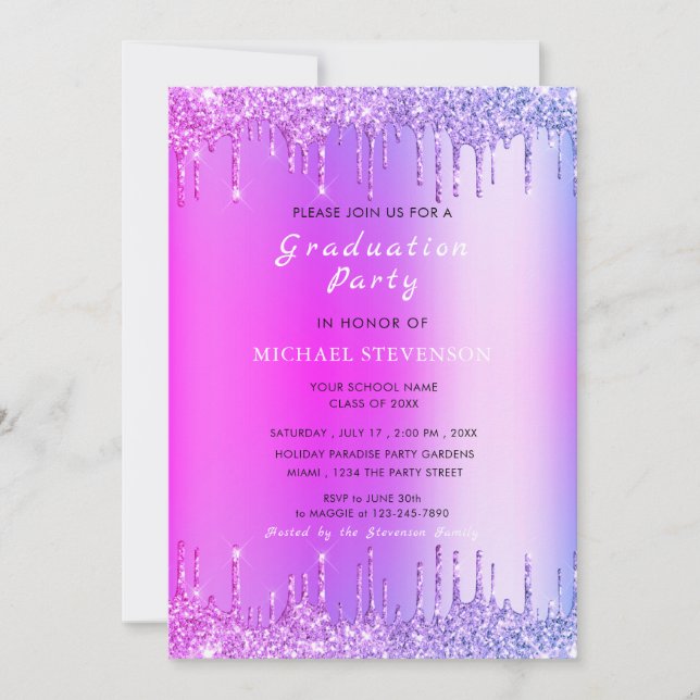 Graduation Party Invitation Pink Neon Gold Glitter (Front)
