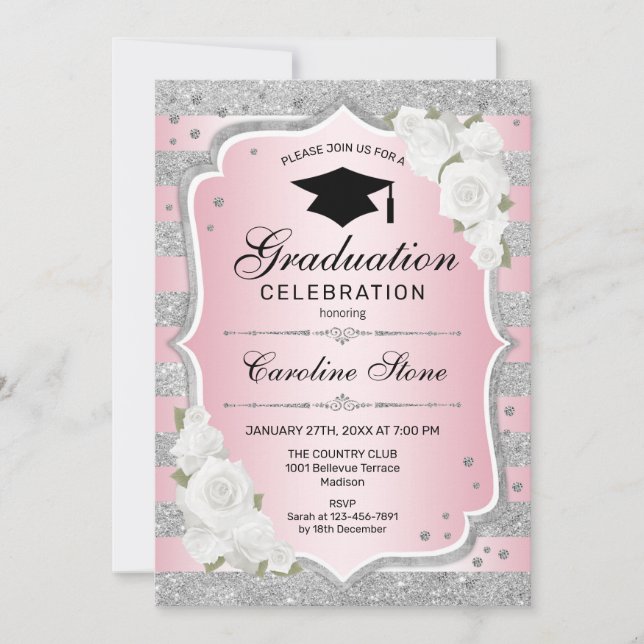 Graduation Party Invitation - Pink Silver (Front)