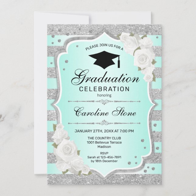 Graduation Party Invitation - Silver Turquoise (Front)