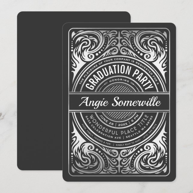 Graduation Party Invitations Black & Silver (Front/Back)