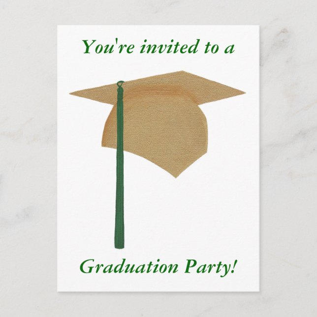 Graduation Party Invitations, Gold and Green Cap Invitation Postcard (Front)