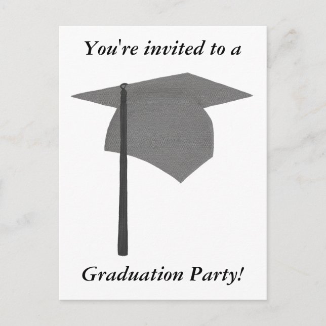 Graduation Party Invitations, Silver and Black Cap Invitation Postcard (Front)