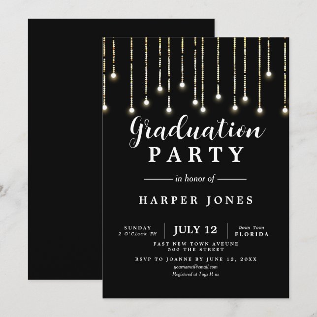 graduation party invite black and gold birthday (Front/Back)