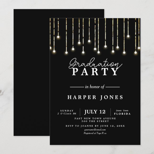 graduation party invite black and gold birthday (Front/Back)