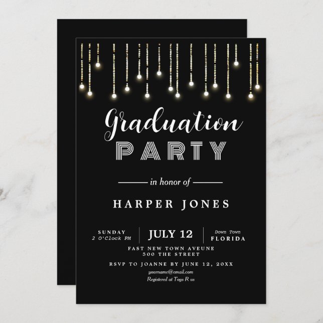 graduation party invite black and gold birthday (Front/Back)