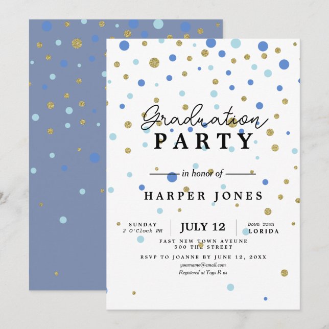 graduation party invite blue and gold birthday (Front/Back)