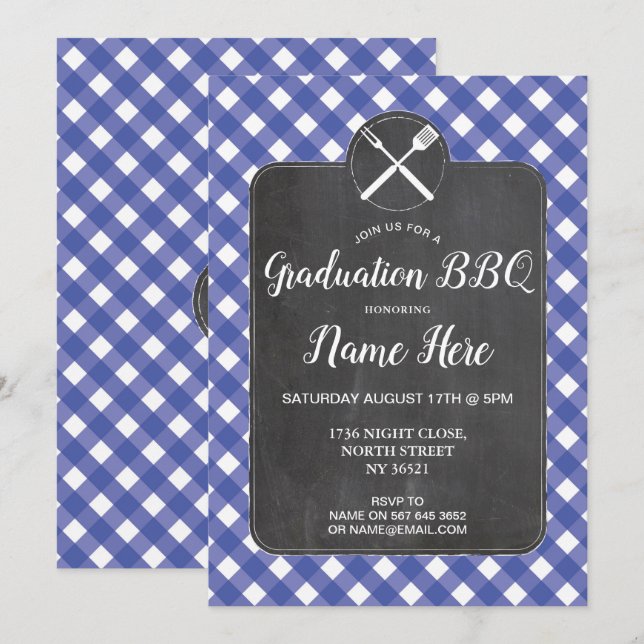 Graduation Party Invite Blue Gingham BBQ Chalk (Front/Back)