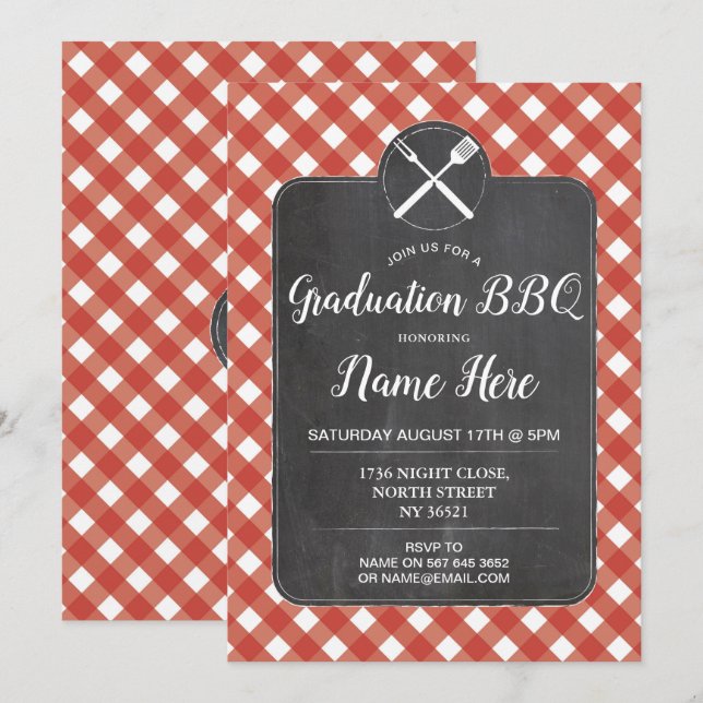 Graduation Party Invite Red Gingham BBQ Chalk (Front/Back)