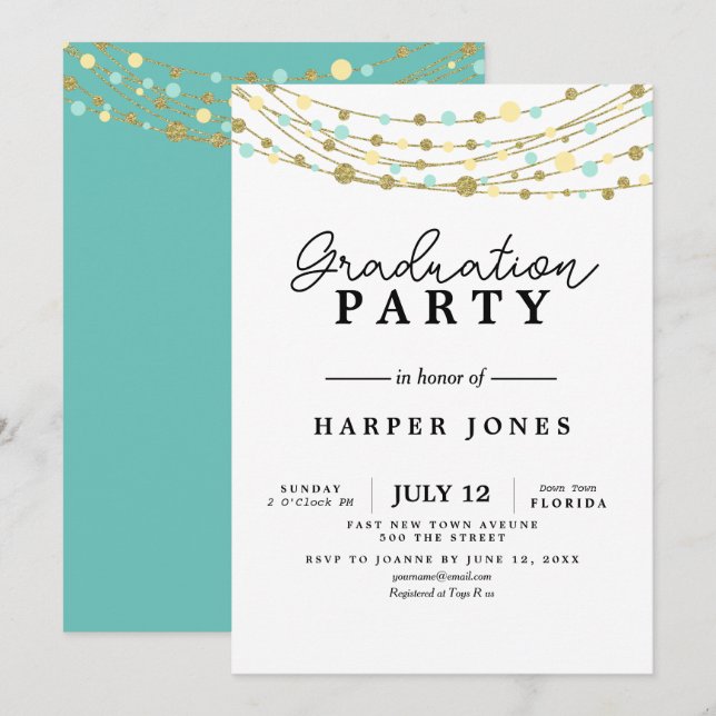 graduation party invite tteal and gold birthday (Front/Back)