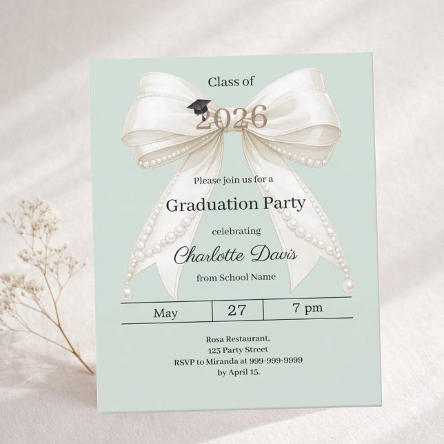 Graduation party ivory bow green 2026 invitation (Creator Uploaded)
