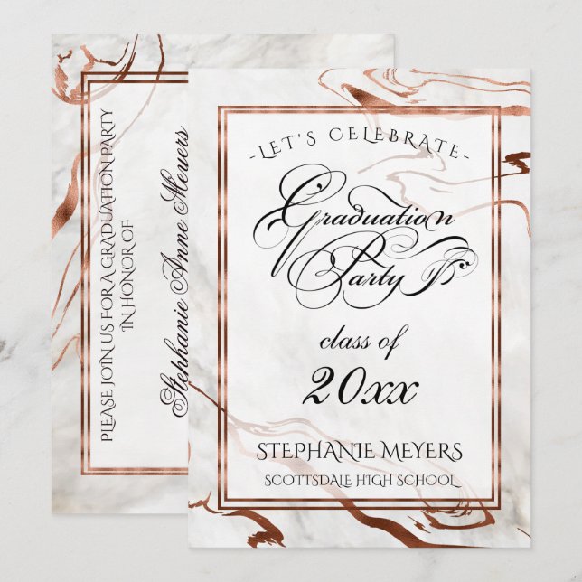 Graduation Party Marbleised Copper Typography Invitation (Front/Back)