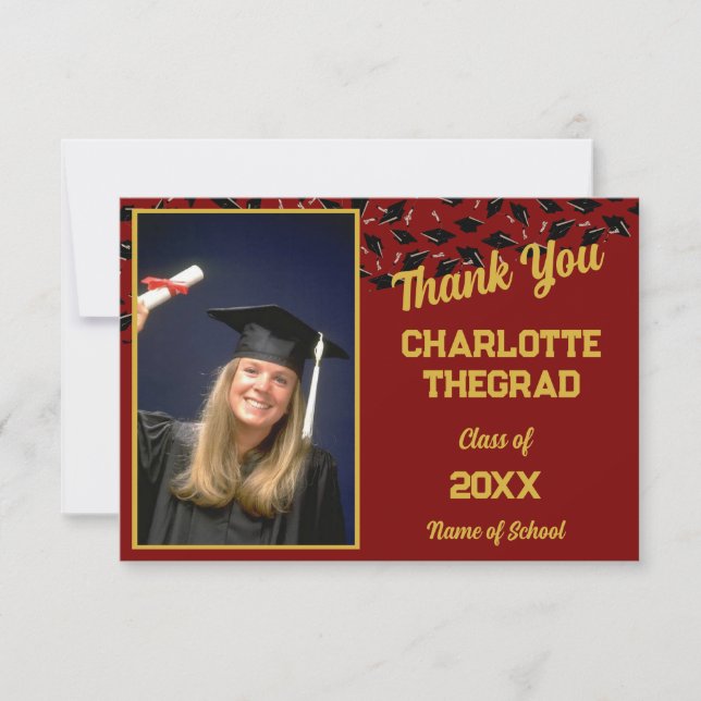 Graduation Party Maroon and Gold Personalise Photo Thank You Card (Front)