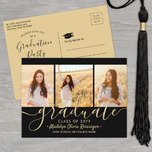 Graduation Party Modern Black and Gold 3 Photo Invitation Postcard