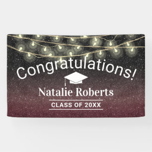 Graduation Party Modern Burgundy Red Black Glitter Banner