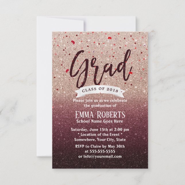 Graduation Party Modern Burgundy Rose Gold Glitter Invitation (Front)