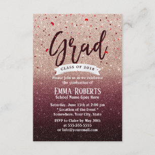 Graduation Party Modern Burgundy Rose Gold Glitter Invitation