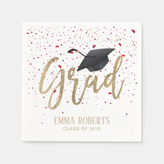 Graduation Party Modern Gold Script Red Confetti Napkin (Front)