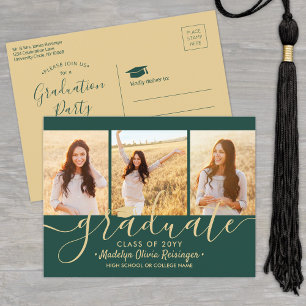 Graduation Party Modern Green and Gold 3 Photo Invitation Postcard