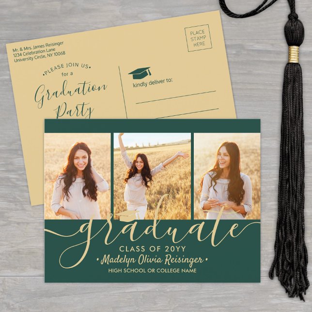 Graduation Party Modern Green and Gold 3 Photo Invitation Postcard (Creator Uploaded)