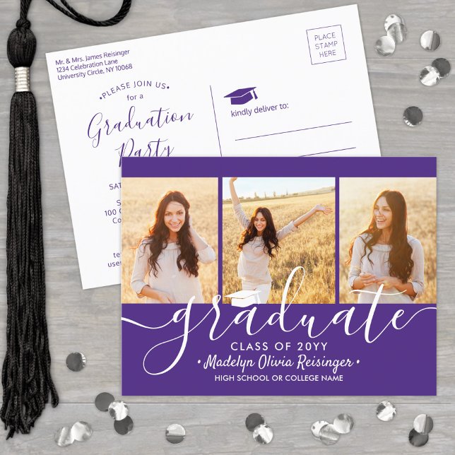 Graduation Party Modern Purple and White 3 Photo Invitation Postcard (Creator Uploaded)