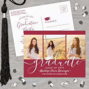 Graduation Party Modern Red and White 3 Photo Invitation Postcard