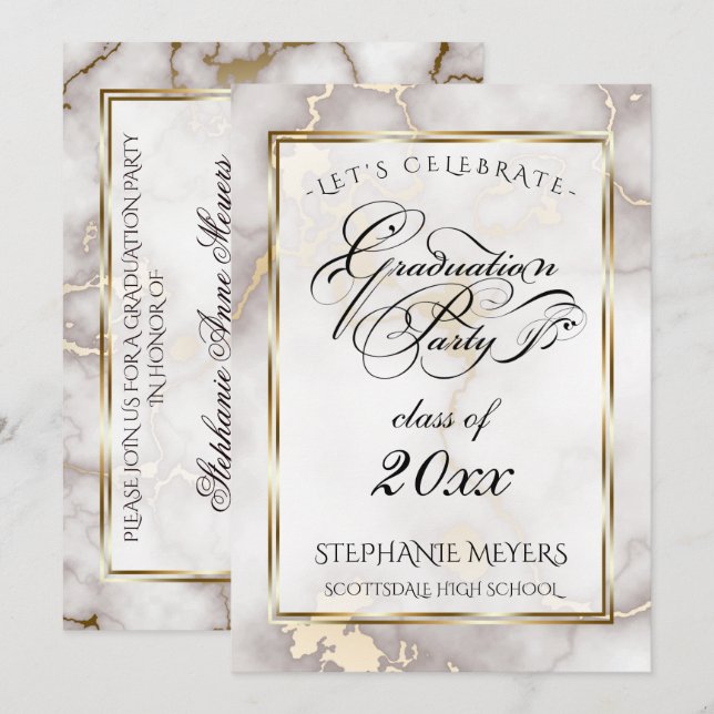 Graduation Party Mushroom  & Gold  Marble Invitation (Front/Back)