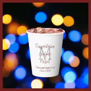 Graduation Party Name Grey Monogram Burgundy White Paper Cups
