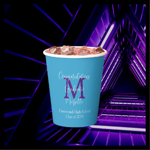Graduation Party Name Purple Monogram Sky Blue Paper Cups
