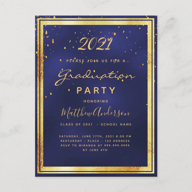 Graduation party navy blue gold invitation postcard (Front)