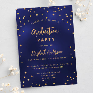 Graduation party navy blue gold stars invitation postcard