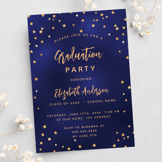 Graduation party navy blue gold stars luxury invitation (Creator Uploaded)