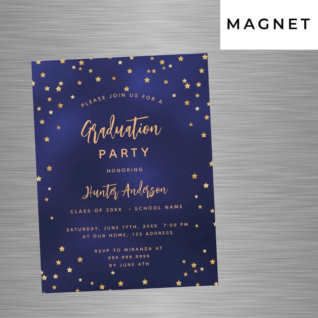 Graduation party navy blue gold stars luxury magnetic invitation (Creator Uploaded)