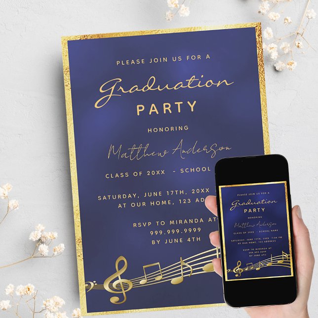 Graduation party navy blue music gold 2025 invitation (Creator Uploaded)