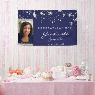 Graduation party navy blue white stars photo 2022 banner