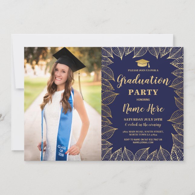 Graduation Party Navy Gold Leaf Fall Autumn Photo Invitation (Front)