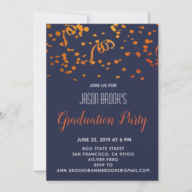 Graduation Party Orange Gold Confetti On Black Invitation (Front)
